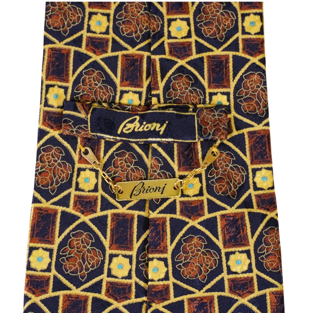 Brioni Necktie Navy Blue Gold 100% Silk Geometric Floral Made in Italy 4x58